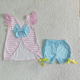 Promotional Bunny Pink Stripes Bow Girls Easter Outfits