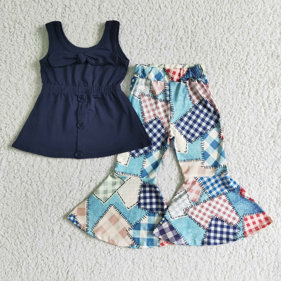 Promotional Unique Bow Navy Girls Short Sleeve+Trousers Sets