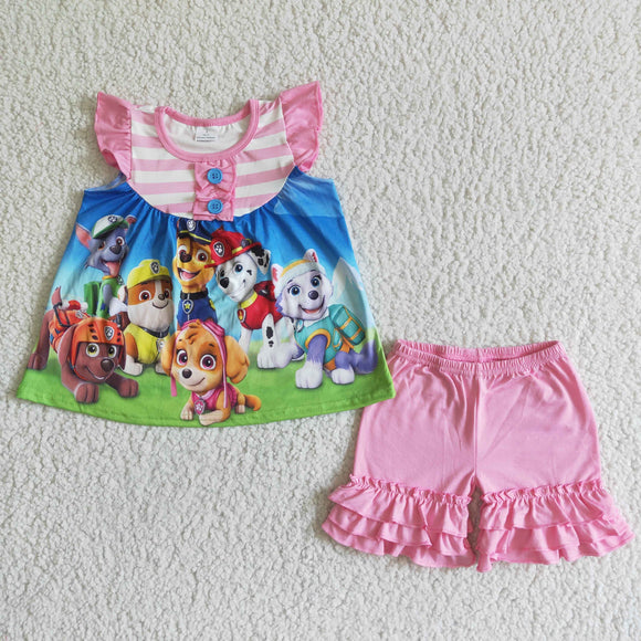 Cartoon Dogs Pink Stripe Girls Shorts Sets