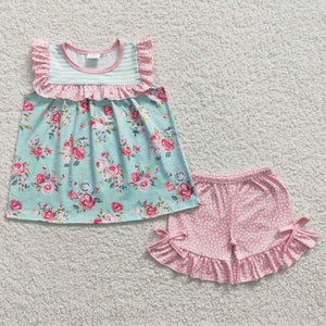 Promotional Floral Polka Dots Pink Bow Girls Shorts Sets