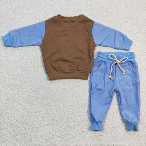 Solid Brown Blue Boys Long Sleeve+Trousers Sets