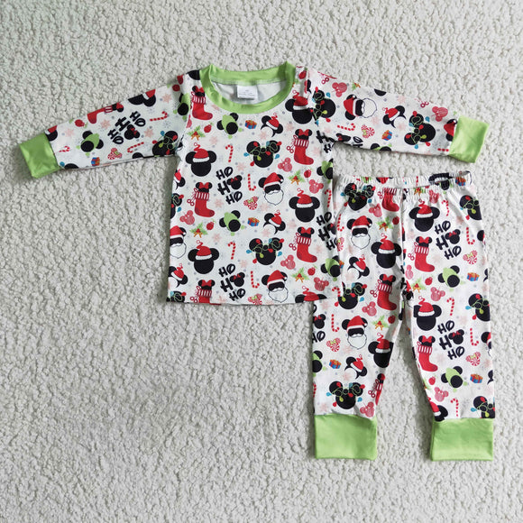Cartoon HO HO White Green Boys Christmas Pajamas