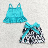 Promotional Solid Green Belt Ruffles Rhomb Girls Shorts Sets