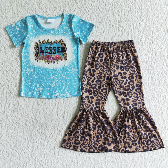 Promotional Blessed Leopard Print Girls Short Sleeve+Trousers Sets