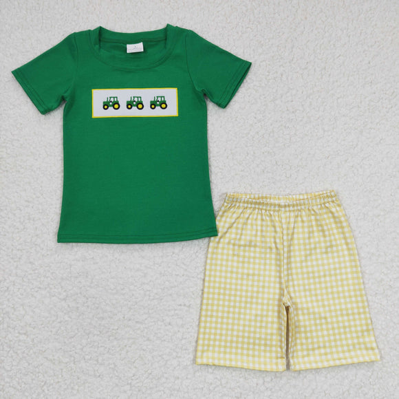 Promotional Tractor Plaid Green Boys Shorts Sets
