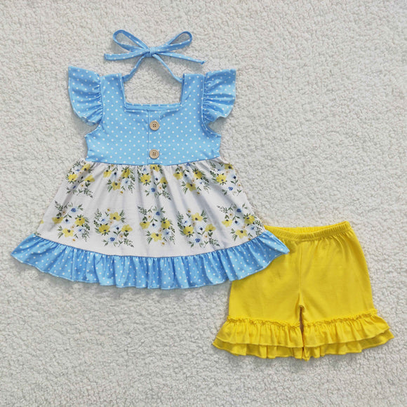 Promotional Floral Polka Dots Sky Blue Yellow Girls Shorts Sets