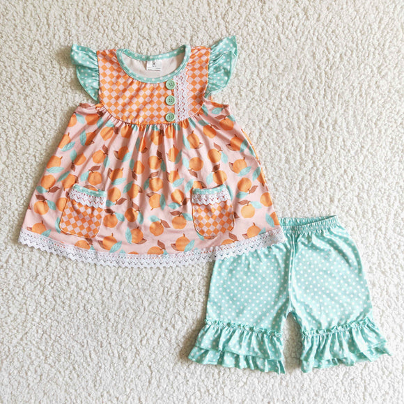 Orange Pocket Lace Plaid Girls Shorts Sets