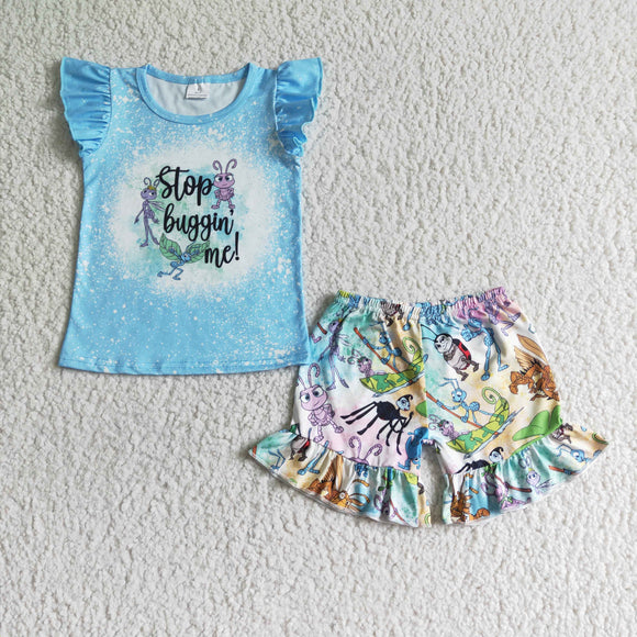 Promotional Cartoon Ants Blue Girls Shorts Sets