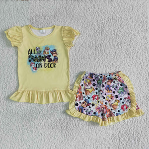 Cartoon Dogs Yellow Girls Shorts Sets