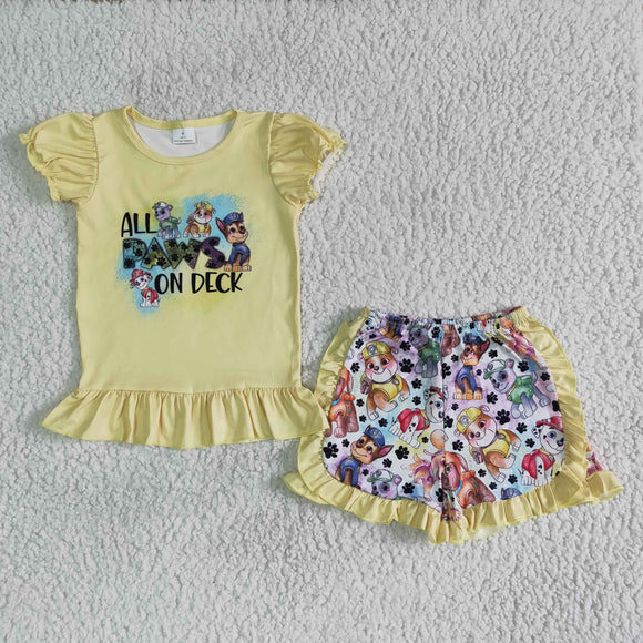 Cartoon Dogs Yellow Girls Shorts Sets