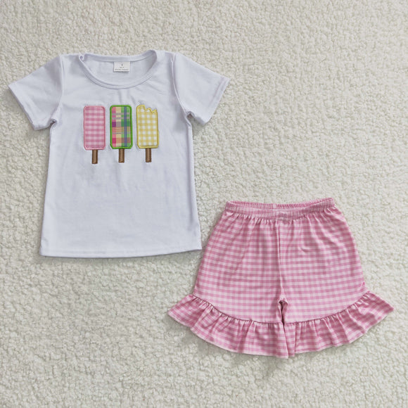 Promotional Popsicle Embroidery Plaid Pink Girls Shorts Sets