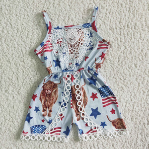 Promotional Flag Cow Lace White Girls 4th of July Jumpsuit