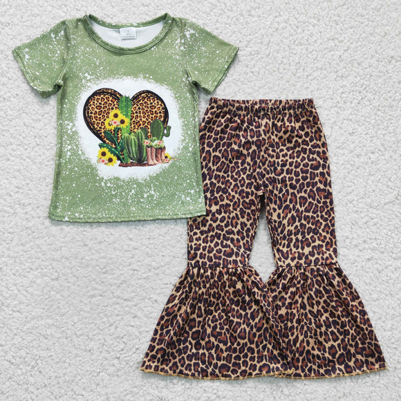 Leopard Print Cactus Mint Girls Short Sleeve+Trousers Sets