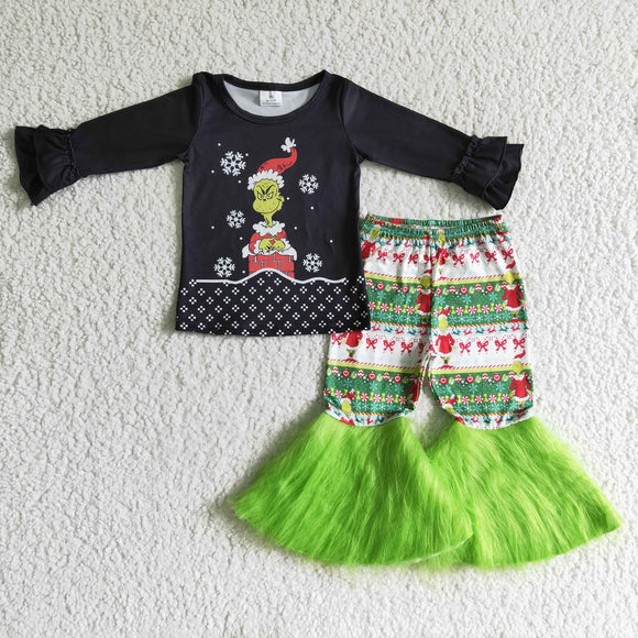 Cartoon Black Ruffles Green Fur Girls Christmas Outfits