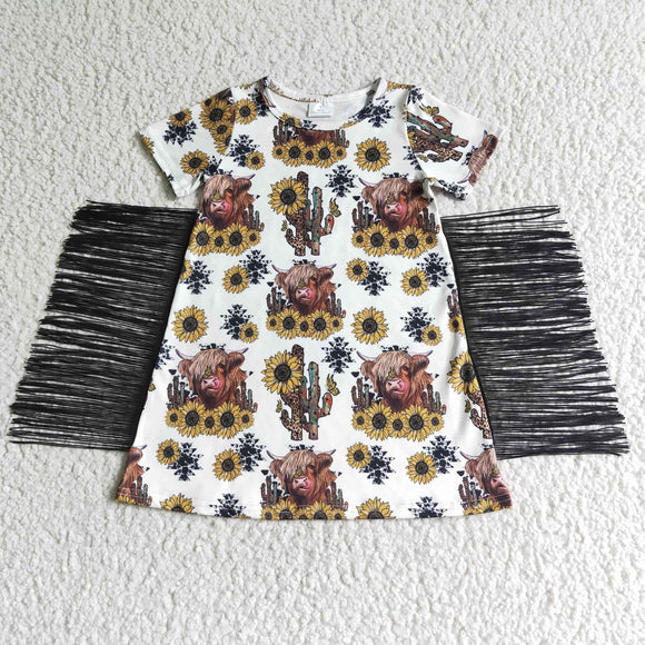 Promotional Highland Cow Cactus Sunflower Tassels White Girls Short Sleeve Dress