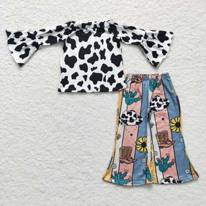 Promotional Cow Print Stripe Hat Cactus Girls Long Sleeve+Trousers Sets