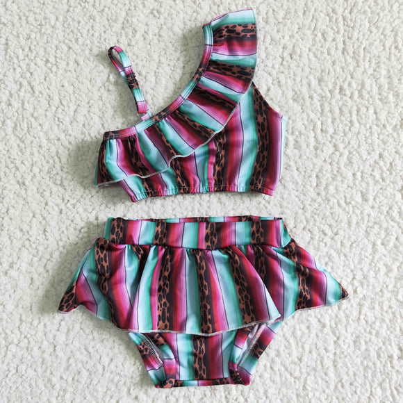 Leopard Print Purple Blue Stripes Girls Swimsuits