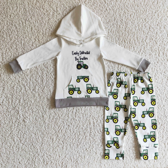 Tractor White Boys Fall Hoodie Sets