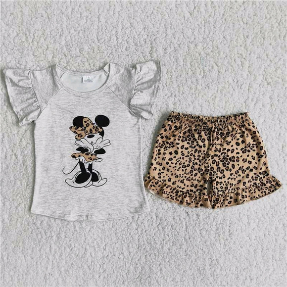 Cartoon Off-white Leopard Print Girls Shorts Sets