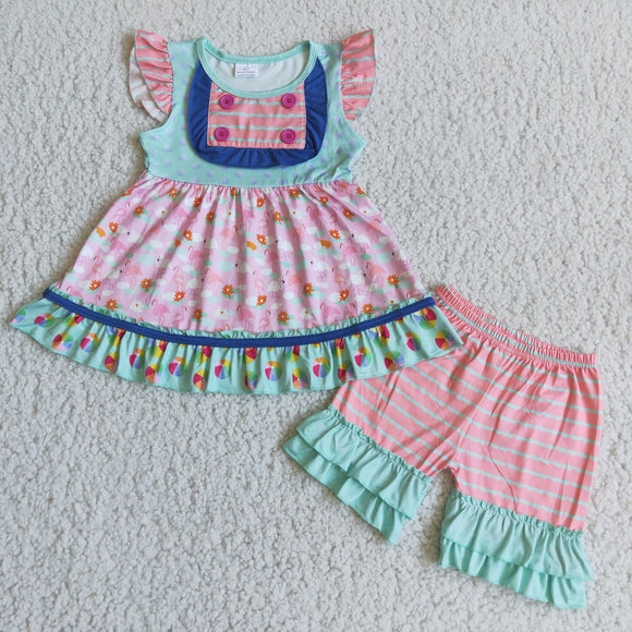 Pink Stripe Floral Girls Shorts Sets