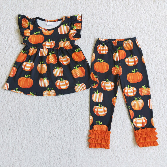 Pumpkin Black Girls Short Sleeve+Trousers Sets