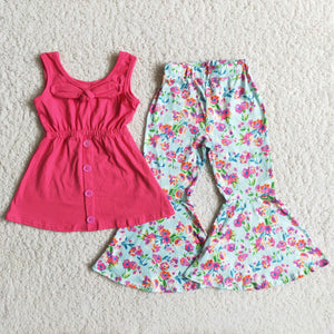 Promotional Unique Bow Hot Pink Floral Girls Short Sleeve+Trousers Sets