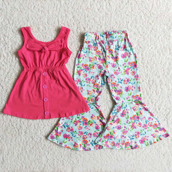 Promotional Unique Bow Hot Pink Floral Girls Short Sleeve+Trousers Sets