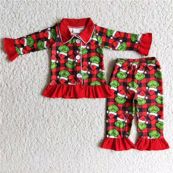 Cartoon Plaid Red Collar Girls Christmas Pajamas