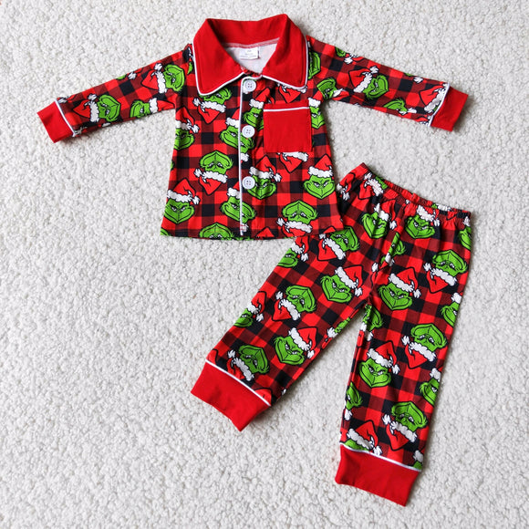 Cartoon Plaid Red Collar Pocket Boys Christmas Pajamas