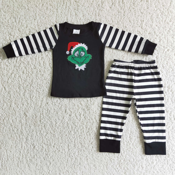 Promotional Cartoon Embroidery Black Stripes Boys Christmas Pajamas