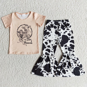 Promotional MOOOOD Cow Print Girls Short Sleeve+Trousers Sets