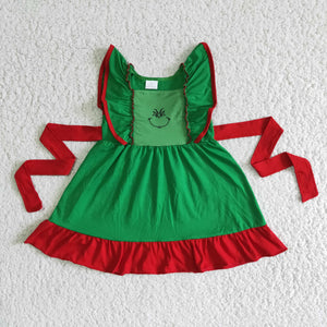 Promotional Cartoon Smile Belt Green Girls Christmas Dress