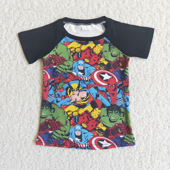 Cartoon Heroes Black Boys Short Sleeve Top