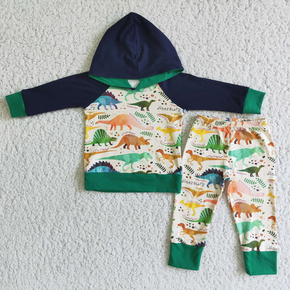 Dinosaurs Black Green Boys Fall Hoodie Sets