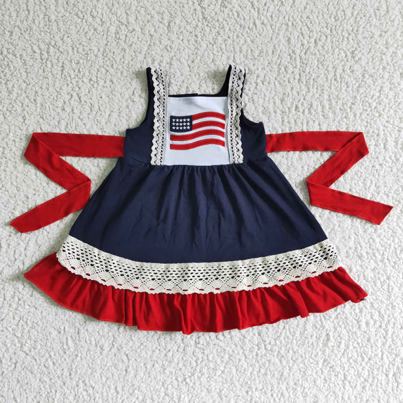 Flag Embroidery Red Belt Navy Girls 4th of July Dress