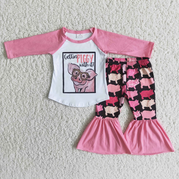 Promotional Pigs Pink Girls Long Sleeve+Trousers Sets