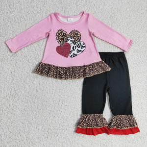 Love Leopard Print Ruffles Pink Girls Valentine Outfits