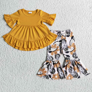 Solid Orange Boots Girls Short Sleeve+Trousers Sets