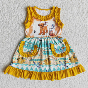 Promotional Cartoon Lion Yellow Ruffles Pockets Girls Valentine Dress