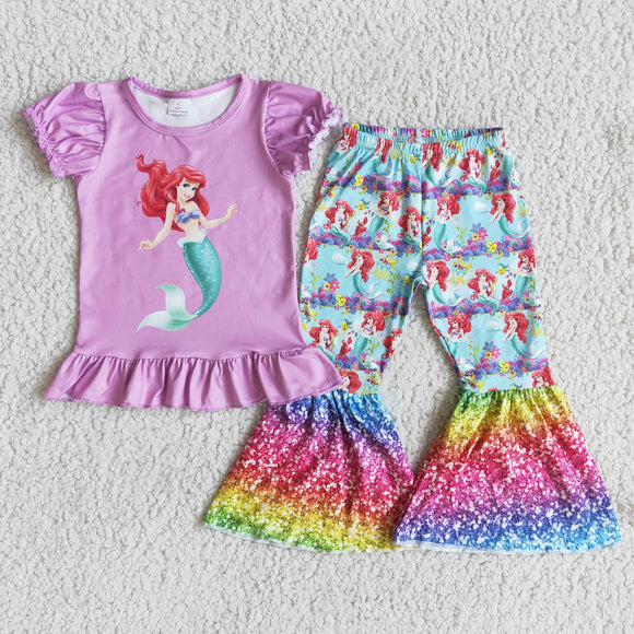 Promotional Cartoon Mermaid Girls Short Sleeve+Trousers Sets