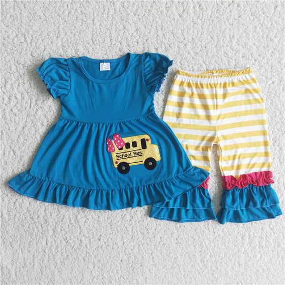 Bus Yellow Stripes Blue Girls Back to School Outfits