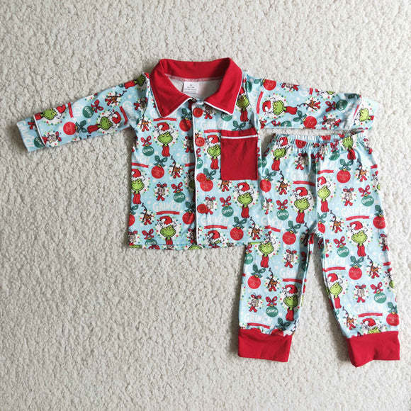 Cartoon Red Collar Sky Blue Boys Christmas Pajamas Pocket