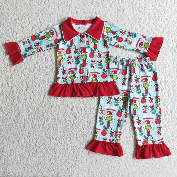 Cartoon Red Collar Sky Blue Girls Christmas Pajamas