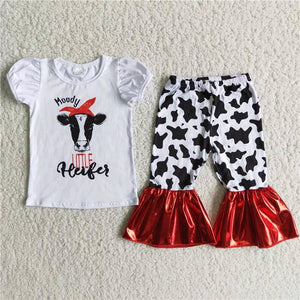 Moody Heifer Cow Print Girls Short Sleeve+Trousers Sets