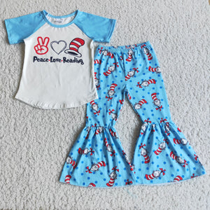 Promotional Cartoon Cat Reading Blue White Girls Short Sleeve+Trousers Sets