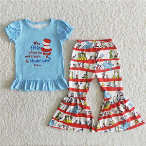 Cartoon Cat Stripes Sky Blue Ruffles Girls Short Sleeve+Trousers Sets