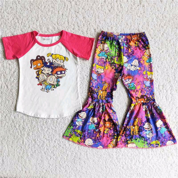 Promotional Cartoon Hot Pink Girls Short Sleeve+Trousers Sets