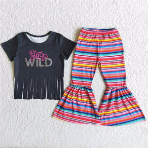 Promotional Stay Wild Tassels Girls Short Sleeve+Trousers Sets