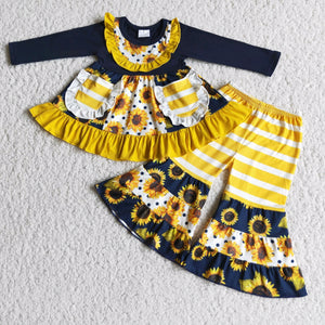 Promotional Sunflower Pockets Stripes Girls Long Sleeve+Trousers Sets