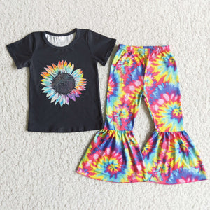 Promotional Sunflower Tie Dye Girls Short Sleeve+Trousers Sets